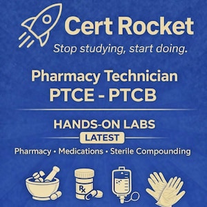 Puede incluir: Gráfico azul con el texto "Cert Rocket" y "Stop studying, start doing." La imagen promociona la formación de técnico de farmacia, incluyendo PTCE y PTCB. Se incluyen iconos de herramientas de farmacia.