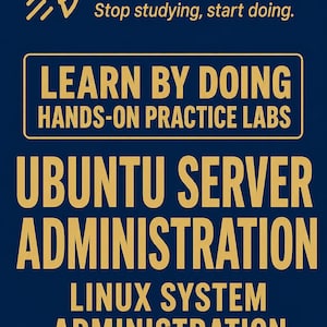 May include: A dark blue educational poster with gold text and a rocket icon. It reads Cert Rocket, Stop studying, start doing, LEARN BY DOING HANDS-ON PRACTICE LABS, UBUNTU SERVER ADMINISTRATION, LINUX SYSTEM ADMINISTRATION, and UBUNTU SERVER ADMINISTRATION EXAM PREPARATION.