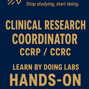 May include: A dark blue rectangular sign featuring a gold rocket icon and the text Cert Rocket, Stop studying, start doing. CLINICAL RESEARCH COORDINATOR, CCRP / CCRC, LEARN BY DOING LABS, HANDS-ON PRACTICE LABS in gold capital letters.