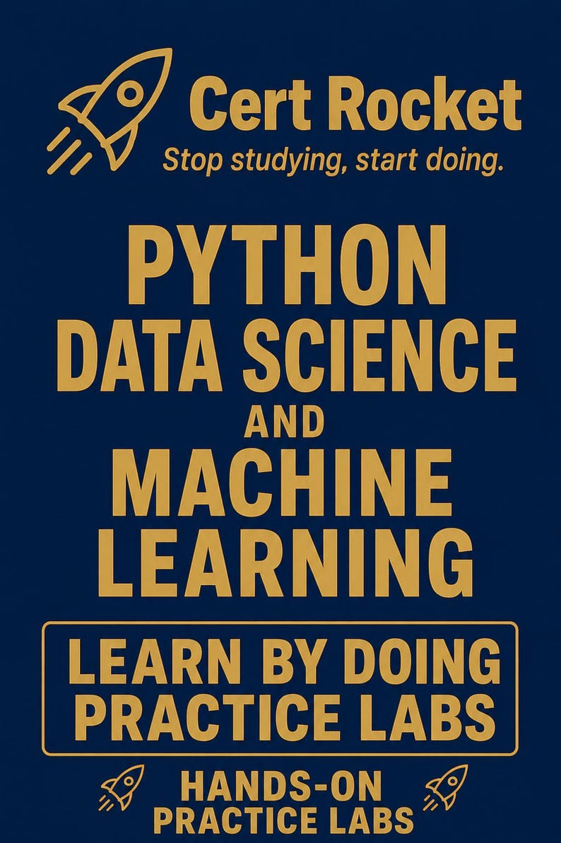 May include: A dark blue rectangular sign with gold text and graphics. It features a rocket icon and the text Cert Rocket, Stop studying, start doing, PYTHON DATA SCIENCE AND MACHINE LEARNING, LEARN BY DOING PRACTICE LABS, and HANDS-ON PRACTICE LABS.