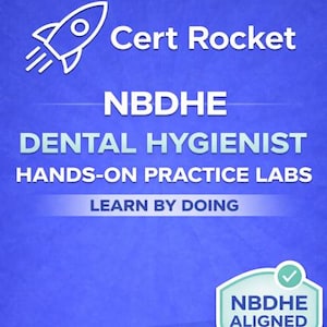 May include: A blue graphic with the words "Cert Rocket" and "NBDHE DENTAL HYGIENIST HANDS-ON PRACTICE LABS LEARN BY DOING." A white rocket graphic is in the upper left corner. A green and white badge reads "NBDHE ALIGNED."