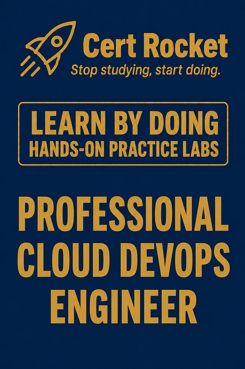 May include: A dark blue rectangular sign featuring a gold rocket icon and the text Cert Rocket Stop studying, start doing. Below is a gold-bordered box with the text LEARN BY DOING HANDS-ON PRACTICE LABS and PROFESSIONAL CLOUD DEVOPS ENGINEER.