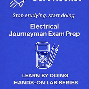 May include: A blue graphic with the text "Cert Rocket" and "Electrical Journeyman Exam Prep." A rocket ship icon is at the top left. Below the text is a line drawing of a multimeter and probes. The text "Learn by Doing Hands-on Lab Series" is at the bottom.