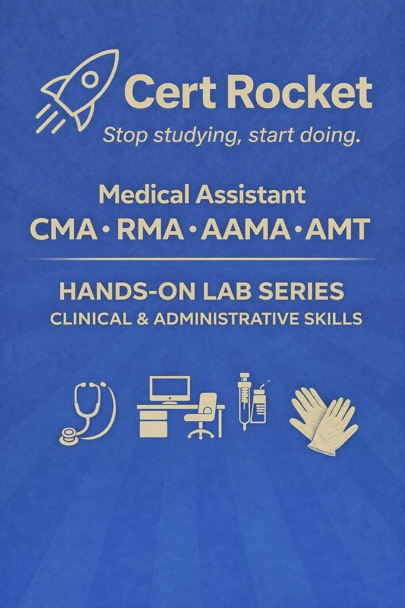 May include: A blue graphic with the words "Cert Rocket" and "Stop studying, start doing." It also includes "Medical Assistant" and the acronyms CMA, RMA, AAMA, and AMT. The graphic features medical-related icons.