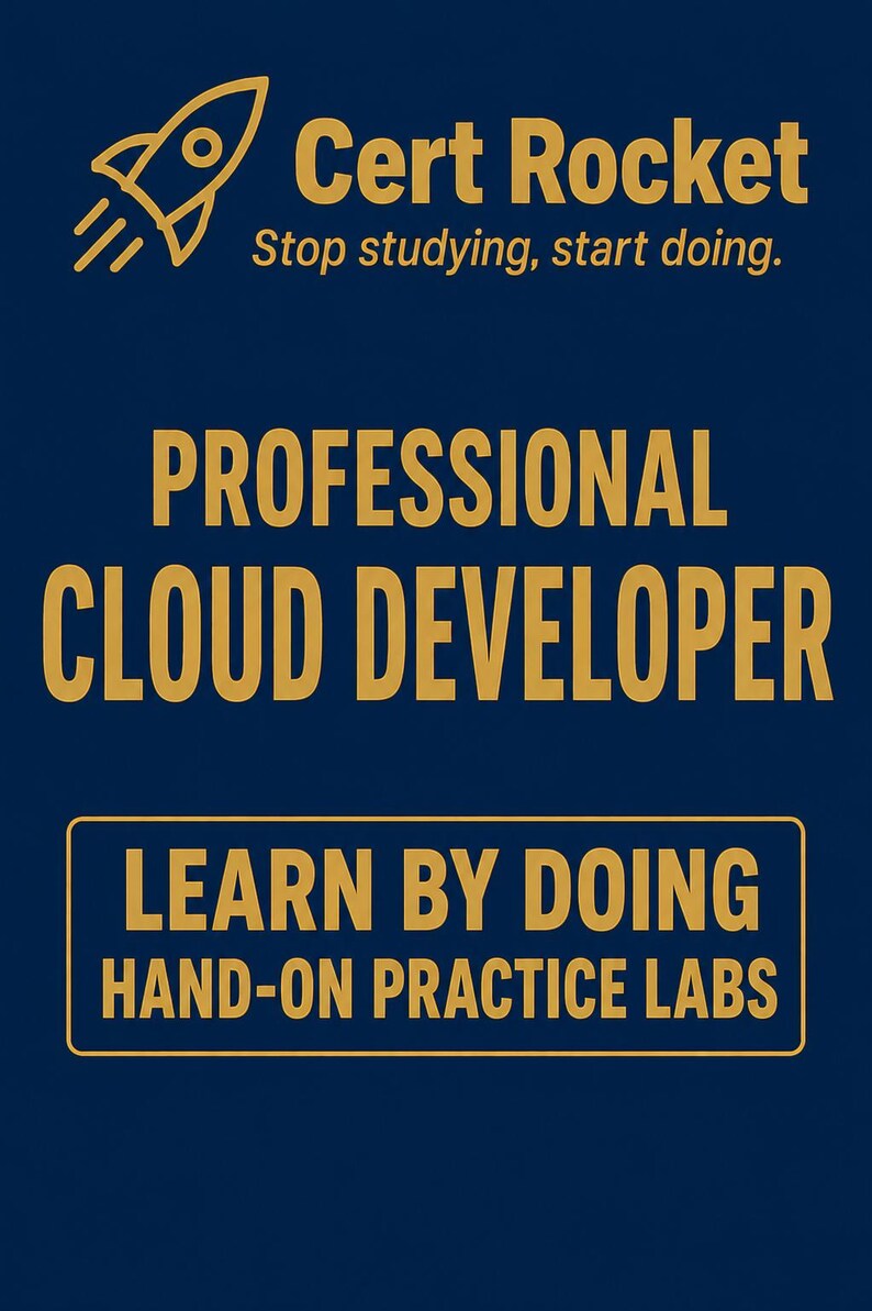 May include: A dark blue graphic featuring a gold rocket icon and the text Cert Rocket, Stop studying, start doing. Below this, the text reads PROFESSIONAL CLOUD DEVELOPER, followed by a gold-bordered box containing the text LEARN BY DOING HAND-ON PRACTICE LABS.