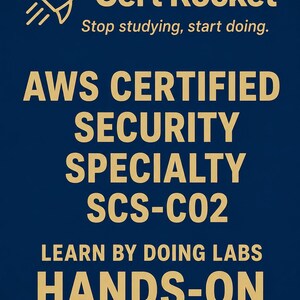 May include: A dark blue rectangular sign with gold text and a rocket icon. The text reads: Cert Rocket, Stop studying, start doing, AWS CERTIFIED SECURITY SPECIALTY SCS-C02, LEARN BY DOING LABS, HANDS-ON PRACTICE LABS. The design is centered.