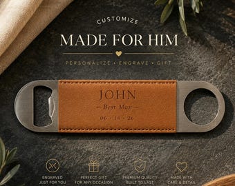 Personalized Leather Bar Blade Bottle Opener – Groomsmen Gift, Wedding Party, Custom Name & Role