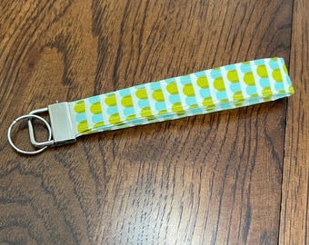 Blue and Green scalloped fabric keychain- wrist, handmade, stocking stuffer