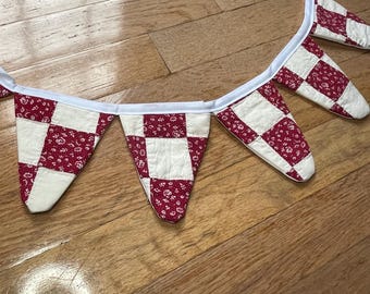 Checkered Quilt Bunting- red and white, vintage, quilted, decorations