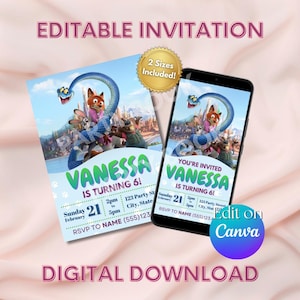 May include: A digital invitation for a birthday party, featuring a cartoon fox, rabbit, and other characters. The invitation reads "Vanessa is turning 6!" and includes event details. The design is available in two sizes and is editable on Canva.