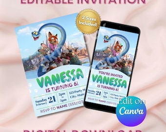 Plantilla editable de invitación de cumpleaños de Zootopia 2 / Invitación digital de Canva / Fiesta de animales / Imprimible / En línea o para imprimir / Película Zootopia 2