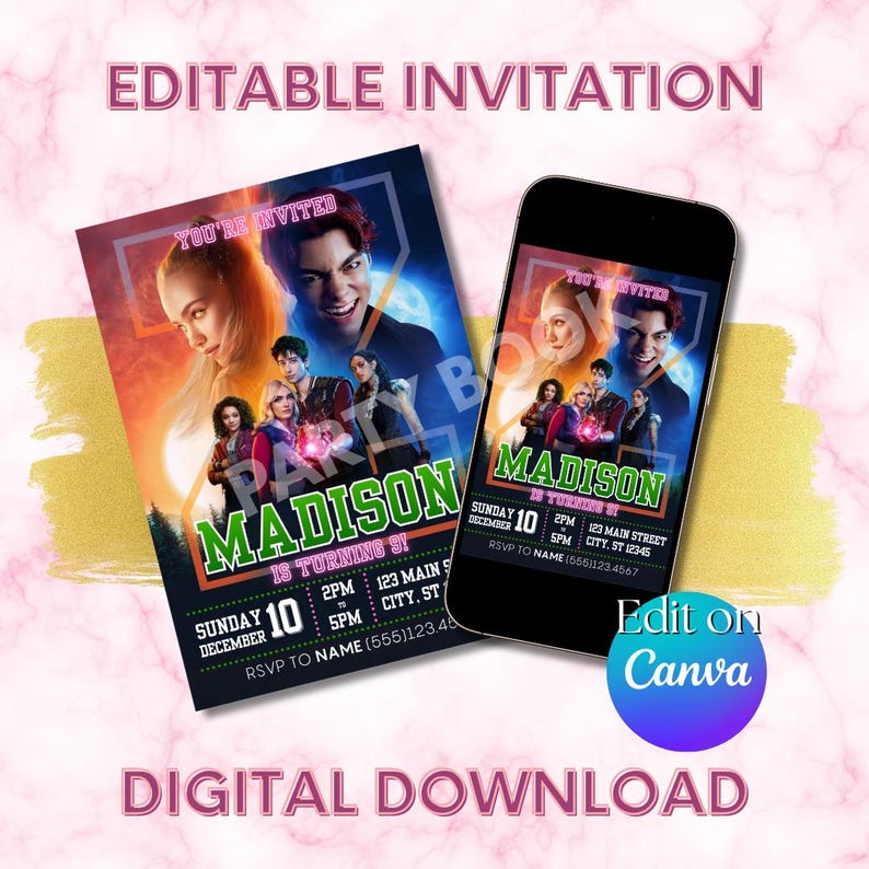 Op de afbeelding: Een bewerkbaar uitnodigingsontwerp met de naam "Madison" in groen, getoond op een gedrukte kaart en een smartphonescherm. De uitnodiging bevat details zoals datum, tijd en locatie. De tekst "Digitale download" staat onderaan.