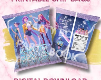 May include: Two printable chip bags with a K-Pop theme. One bag features three anime characters, the text "K-Pop Demon Hunters", and the text "Party Book". The other bag has the text "Thank you for coming to my party" and "Birthday". The words "Printable Chip Bags" and "Digital Download" are also visible.