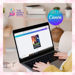 Op de afbeelding: Een laptop toont een feestflyer met de groene tekst "MADISON". De Canva-bewerkingsinterface is zichtbaar. De laptop staat open op de schoot van een persoon, met de tekst "Edit on Canva" in een blauwe cirkel.