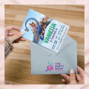 May include: A birthday invitation featuring the name "Vanessa" in large, green letters. The invitation includes the text "IS TURNING 6!" and details for the party. The invitation is held inside a gray envelope with a logo that says "THE PARTY BOOK".