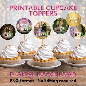 May include: Six cupcakes with white frosting and colorful sprinkles are displayed. Each cupcake has a decorative topper with a "Wicked" theme. The image includes text that reads "Printable Cupcake Toppers" and "Digital Download."