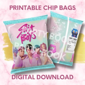 May include: Two printable chip bags with a pink and blue design. The bags feature the text "Grit Boys" and "Party Book". One bag has a cartoon owl and a birthday nutrition facts label. The text "Printable Chip Bags" and "Digital Download" are also visible.