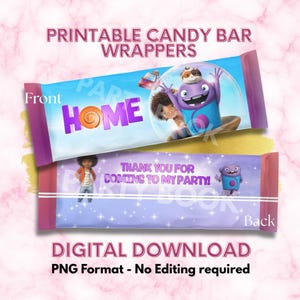 May include: Printable candy bar wrappers featuring characters from the movie "Home." The front wrapper has the word "HOME" in purple with a swirl design. The back wrapper says "THANK YOU FOR COMING TO MY PARTY!" in purple text. Digital download, PNG format.