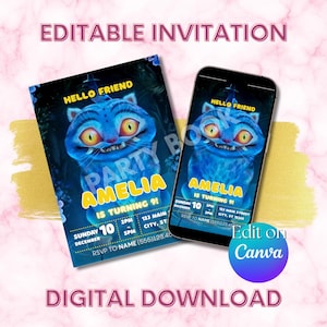 May include: Digital invitation featuring a blue cat illustration with the text "Hello Friend" and "Amelia is turning 9!" The invitation is available as a digital download and can be edited on Canva.