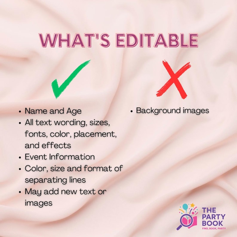 May include: A graphic with the text "WHAT'S EDITABLE" in a pink banner. A green checkmark and a red X are present. The text lists editable elements like name, age, text wording, event info, and adding text or images. The Party Book logo is in the bottom right.