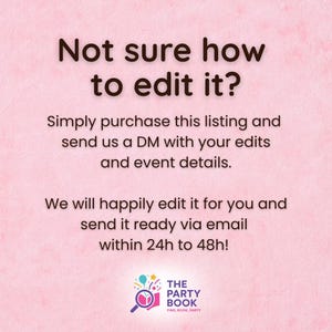 May include: Pink background with black text that reads "Not sure how to edit it?" and instructions to purchase the listing and send details. The Party Book logo is at the bottom.