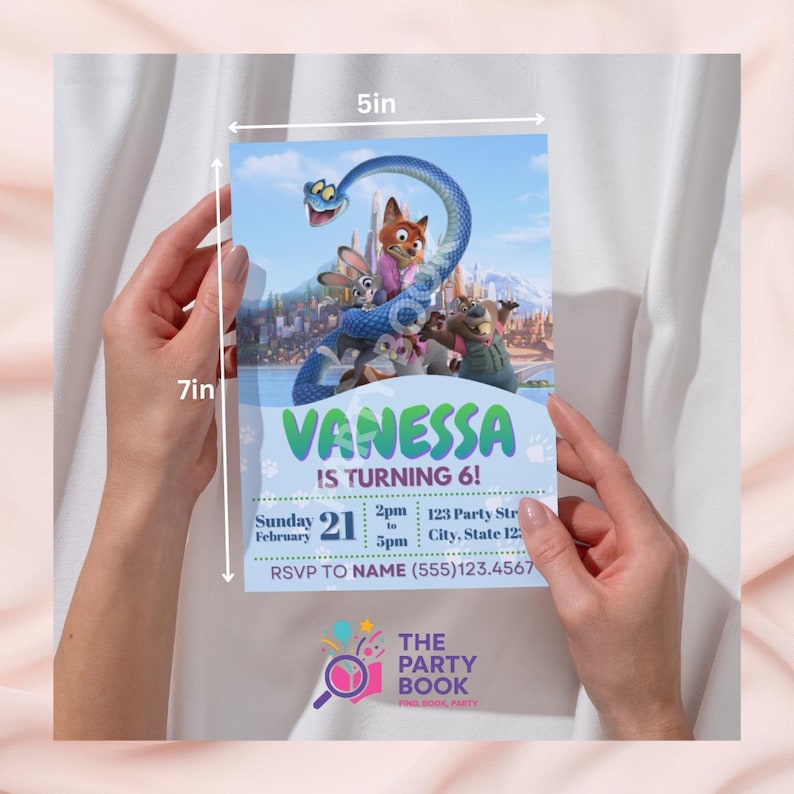 May include: A 5x7 inch invitation card featuring a cartoon illustration of characters from a movie. The card reads "VANESSA IS TURNING 6!" with event details. The Party Book logo is at the bottom.