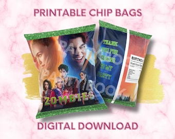 Op de afbeelding: Printbaar chipzakontwerp met een groene glitterrand, met het woord "Zombies" en afbeeldingen van personages. De zakken tonen de tekst "Bedankt voor je komst naar mijn feest". De woorden "Printbare chipzakken" en "Digitale download" zijn ook zichtbaar.