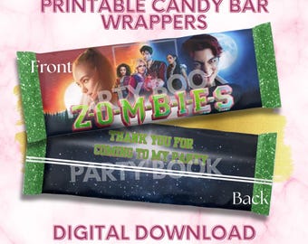 Op de afbeelding: Printbare candybar wrappers met een "Zombies" thema. De voorkant van de wrapper toont een groep mensen met het woord "Zombies" in groen en blauw. De achterkant zegt "Thank you for coming to my party" en "Party Book".