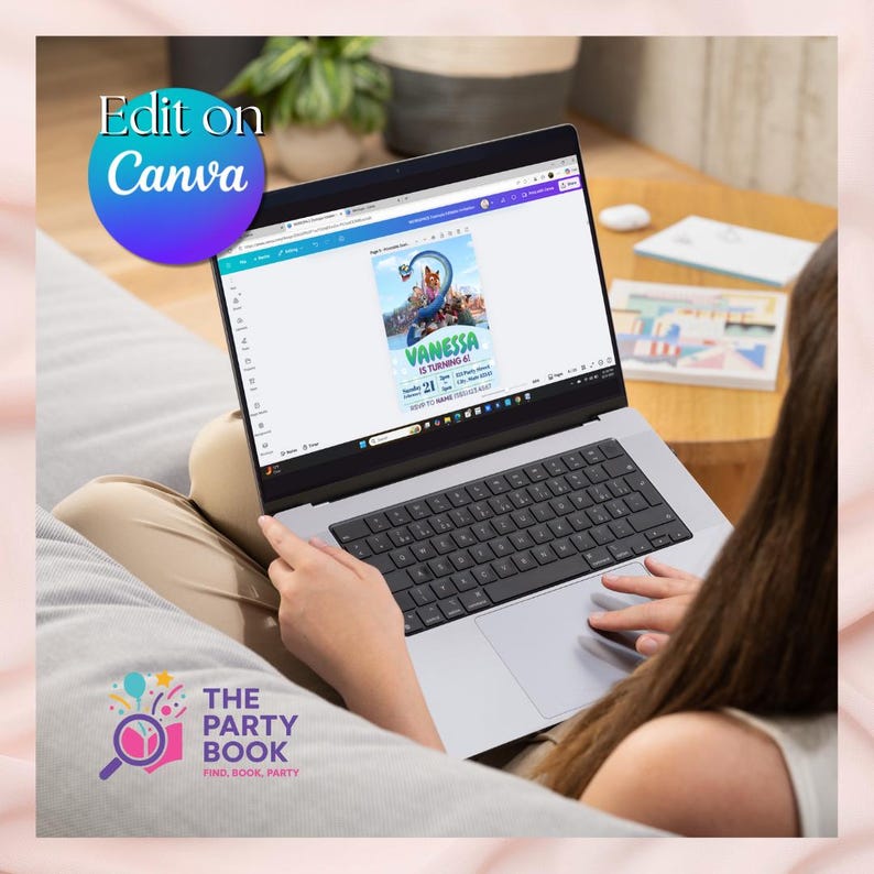 May include: A laptop displaying a birthday party invitation with the text "Vanessa is turning 6". The screen shows a design created on Canva, with the Canva logo in the upper left corner. The Party Book logo is visible in the lower left.
