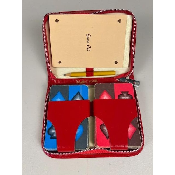 Juego de bridge de viaje Griffon vintage, estuche rojo con cremallera, Austria, 2 barajas, bloc de puntuación.