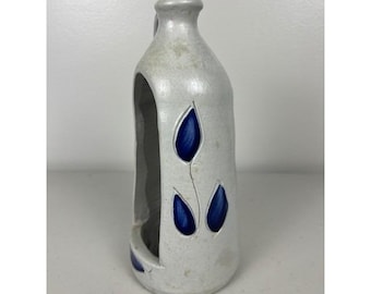 Williamsburg Pottery Salt Glazed Stoneware Jug Candle Holder Cobalt Blue Leaf