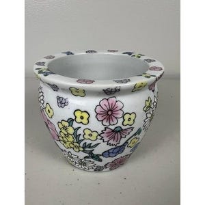 Peut inclure: Un pot de fleurs en céramique blanche avec un corps arrondi et une large ouverture, orné d'un motif répétitif de petites fleurs peintes à la main dans des tons de rose, jaune, bleu et vert sur la surface extérieure et le bord supérieur.