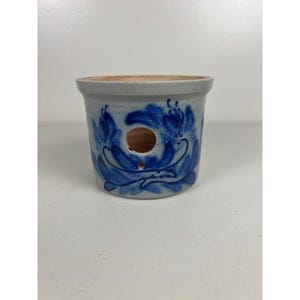 Eldreth Pottery 1999, cuenco de gres vidriado con sal, maceta para orquídeas, diseño floral azul, PA