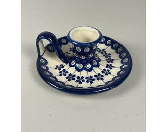 Boleslawiec Polish Pottery Peacock Eye Floral Chamberstick Kaarshouder Polen