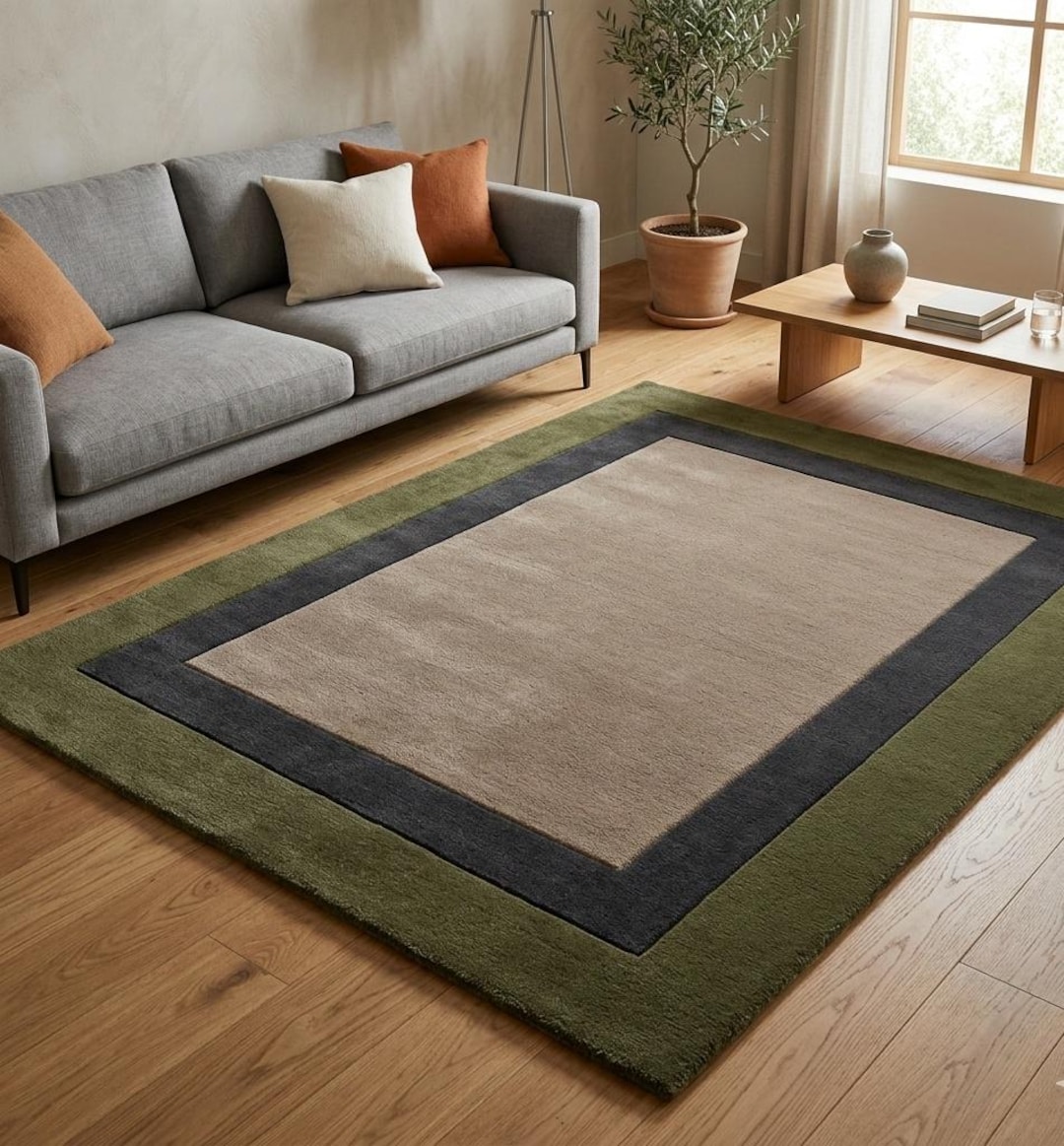 Wool Rug Bordered Design Hand Tufted Wool Rug, Modern Border Area Rug, Minimalist Living Room - Etsy