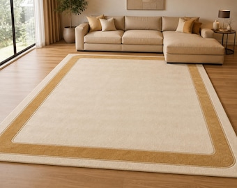 Alfombra de lana tejida a mano, alfombra moderna color marfil beige, alfombra minimalista con borde, alfombra neutra para sala de estar, alfombra hecha a mano a medida.