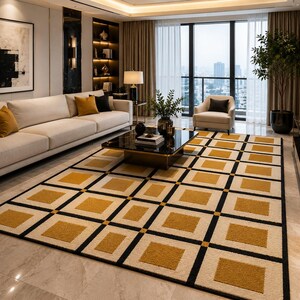 May include: A modern living room featuring a large, cream-colored sofa with decorative pillows. A geometric rug with a pattern of gold squares and black borders covers the floor. The room has large windows with a city view.