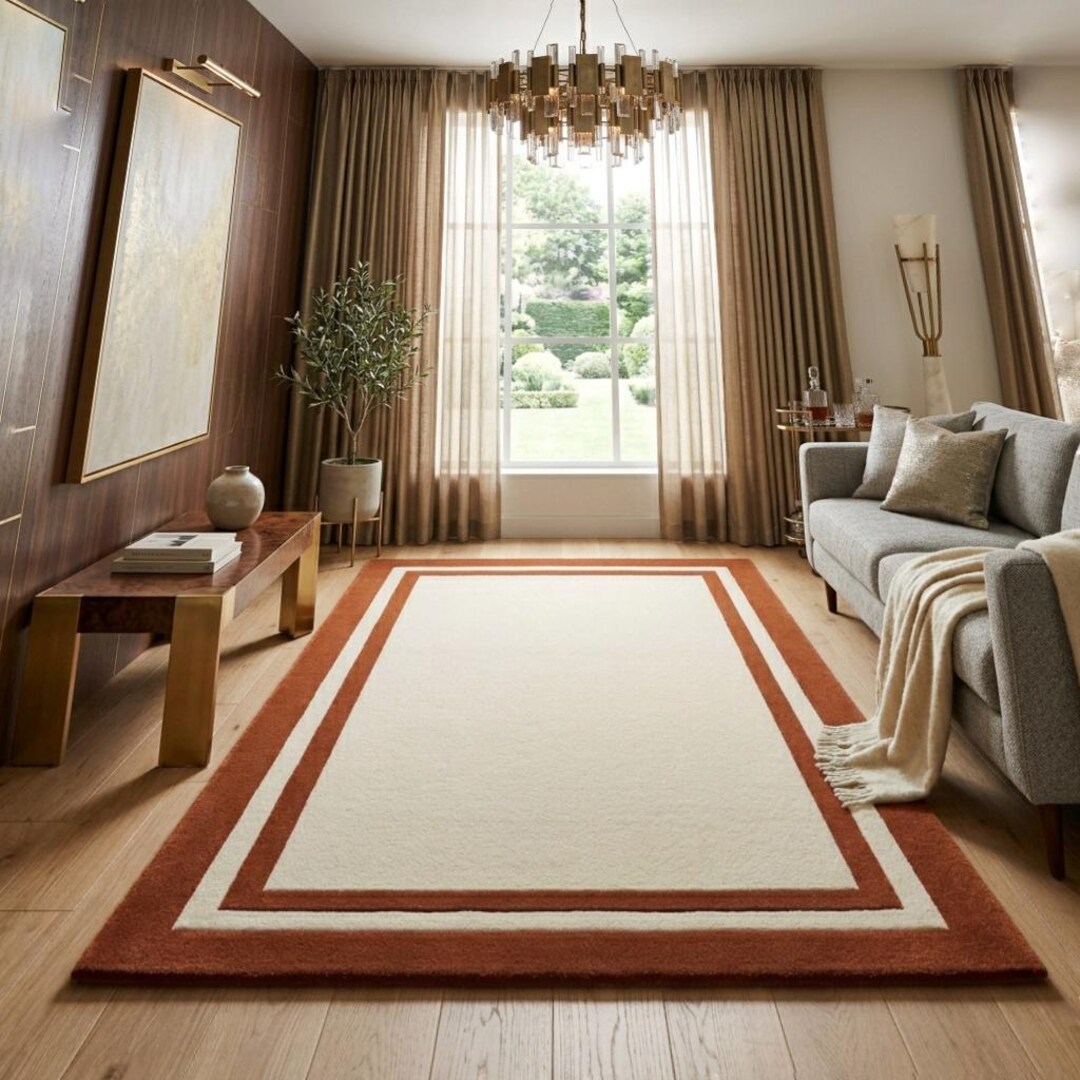 Distressed Cream Rust Rug Hand Tufted Wool Rug, Cream Rust Border, Modern Minimalist Carpet 8x10 ...