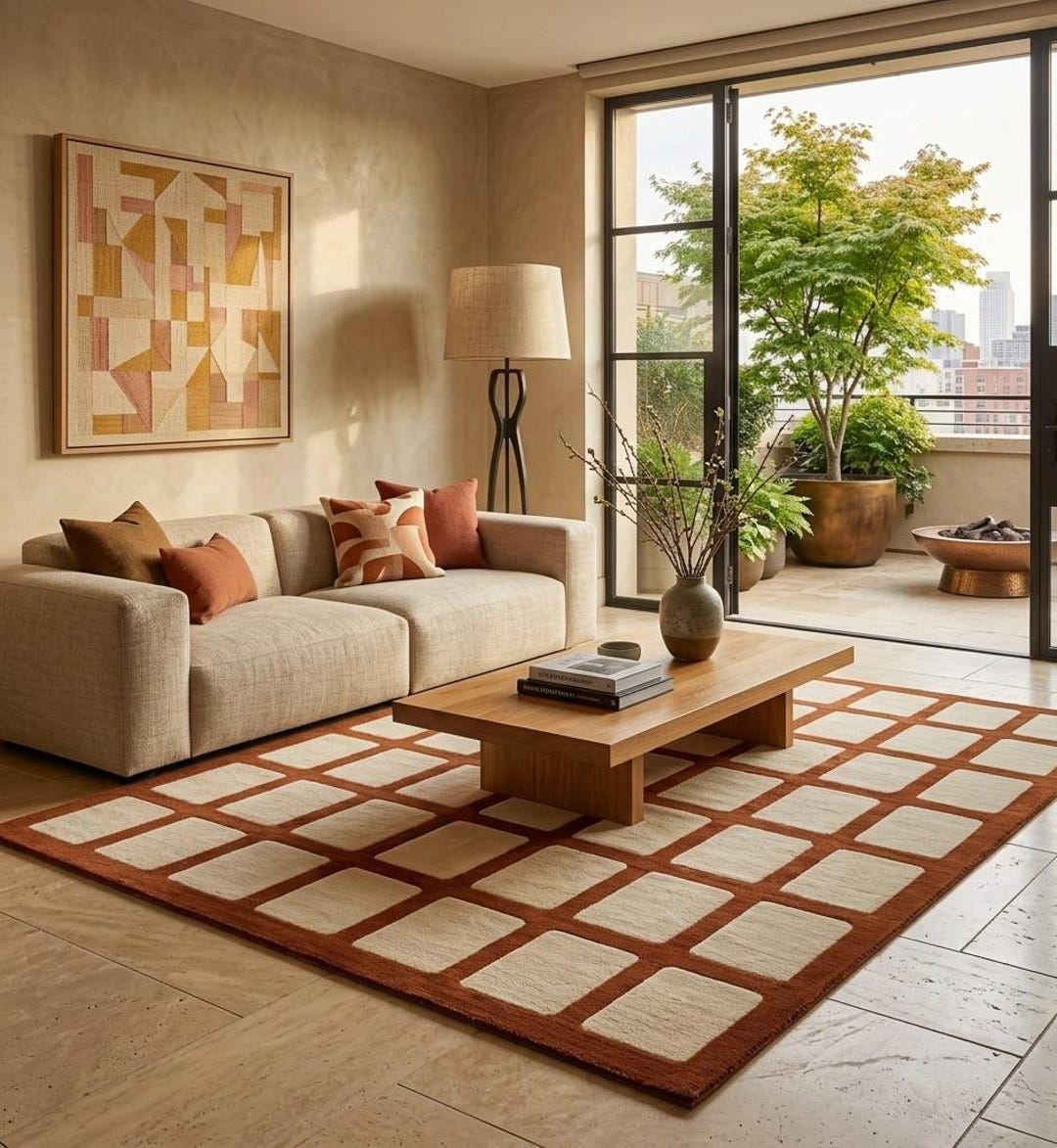 Hand Tufted Wool Rug, Terracotta Grid Area Rug, Modern Ivory Check ...