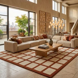 May include: A large rectangular area rug featuring a grid pattern of cream-colored squares outlined in burnt orange. The rug is placed on a light-colored stone floor in a spacious room with a beige sectional sofa, a wooden coffee table, and tall lamps.