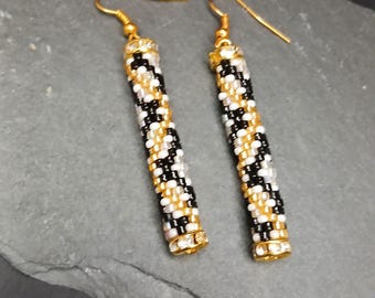 Black and gold beaded earrings long dangle style handmade jewelry