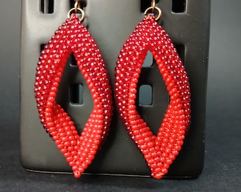 Red beaded earrings geometric drop statement dangle style