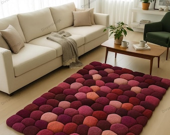 Alfombra de lana tejida a mano – Textura 3D color burdeos, alfombra de felpa