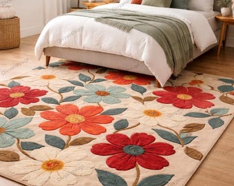 Handgetufteter blumiger Wollteppich - Buntes Blumendesign