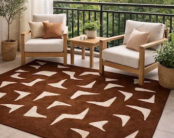 Hand Tufted Geometric Rug, Modern Brown & Cream Carpet