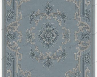 Vintage Blue Floral Wool Rug, Hand-Tufted Ornamental Carpet