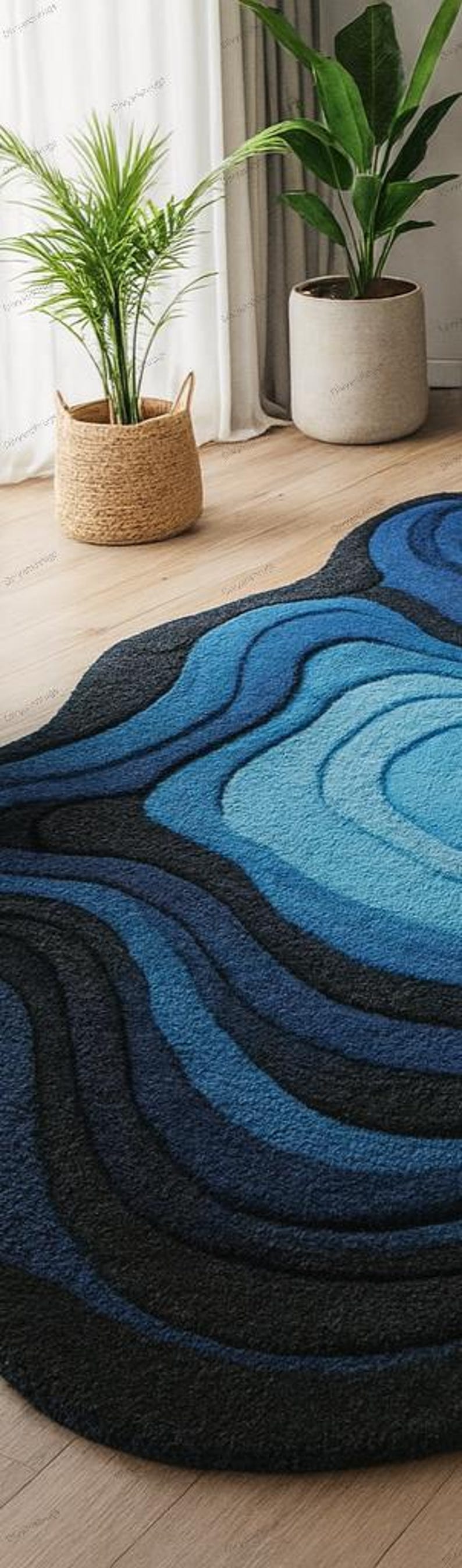 Hand Tufted Abstract Blue Area Rug | Modern Wavy Design Carpet | Luxury ...