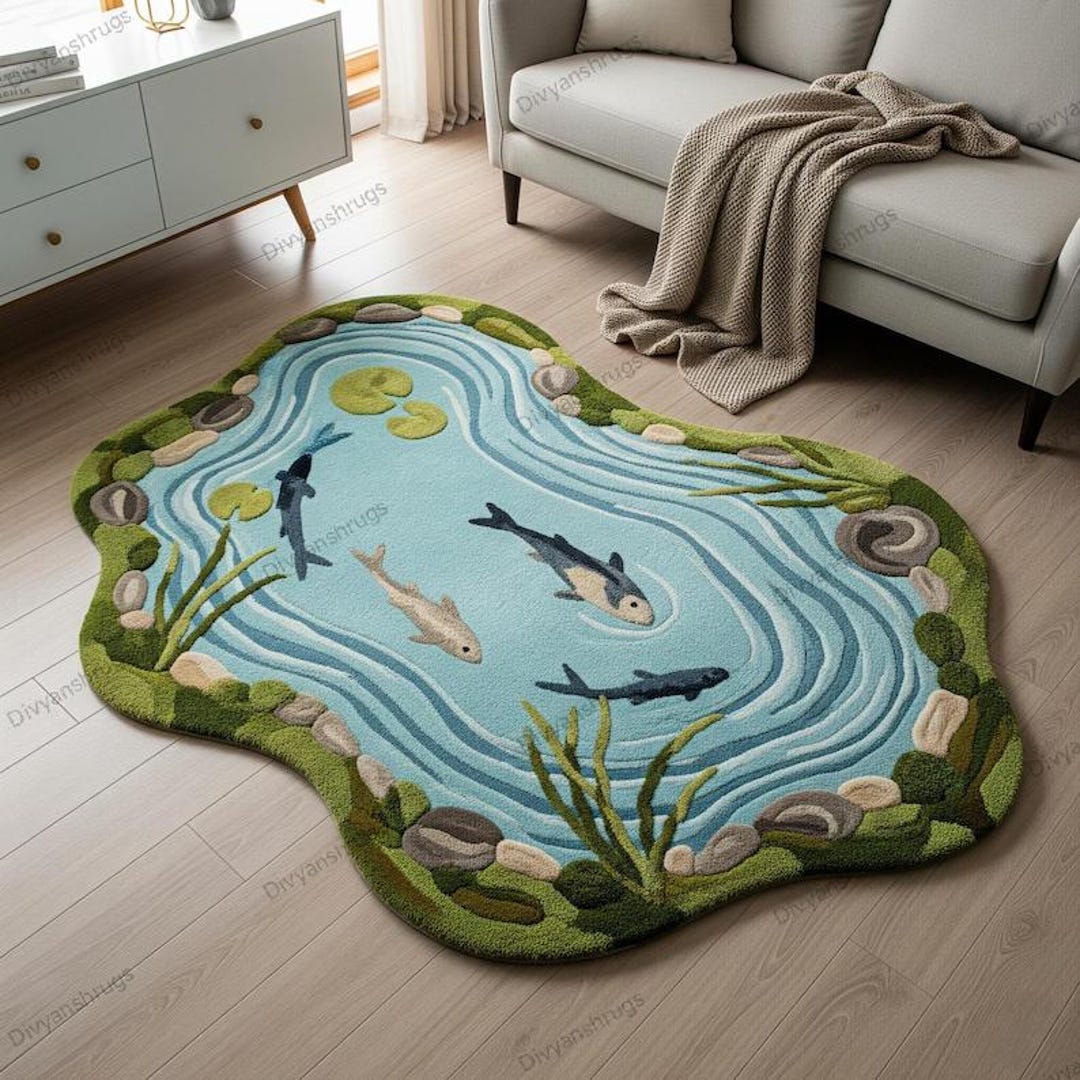 Aquatic Rug Hand Tufted Fish Pond Rug | Kids Nursery Aquatic Carpet - Etsy