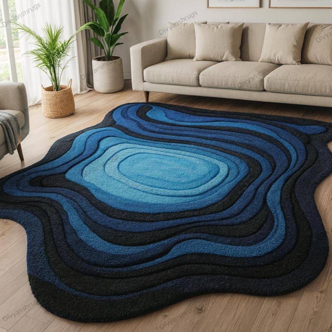 Hand Tufted Wool Area Rug | Modern Blue Wavy Design - Etsy