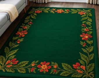 Handmade Green Floral Wool Rug – Botanical Living Room Carpet